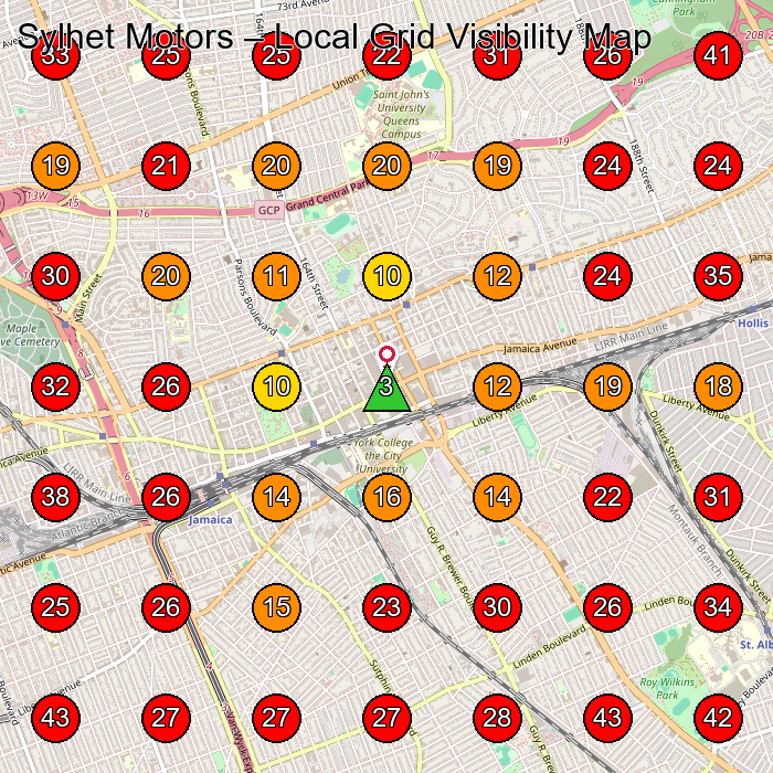 Sylhet Motors GeoGrid visibility map for Used Car Dealer in Queens